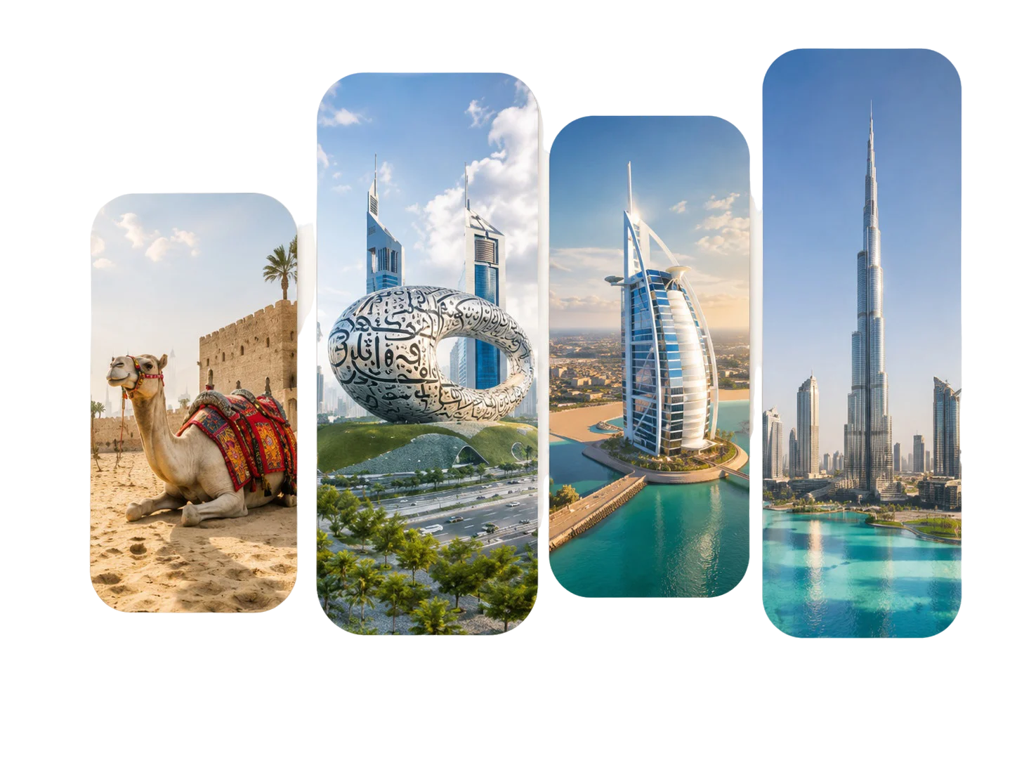 Dubai landmarks — desert, Museum of the Future, Burj Al Arab and Burj Khalifa