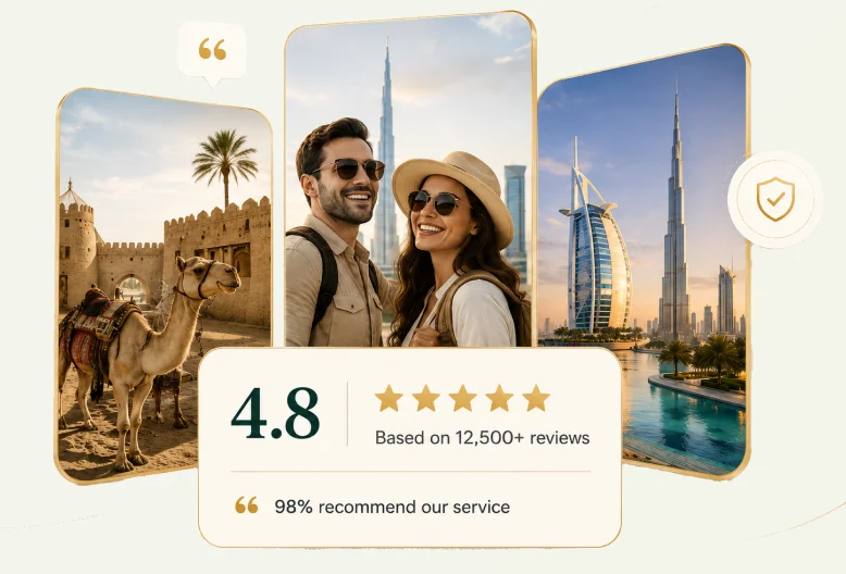 Happy travellers in Dubai with a 4.8 star rating badge