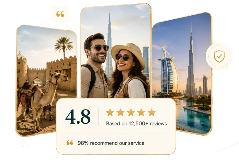 Happy travellers in Dubai with a 4.8 star rating badge